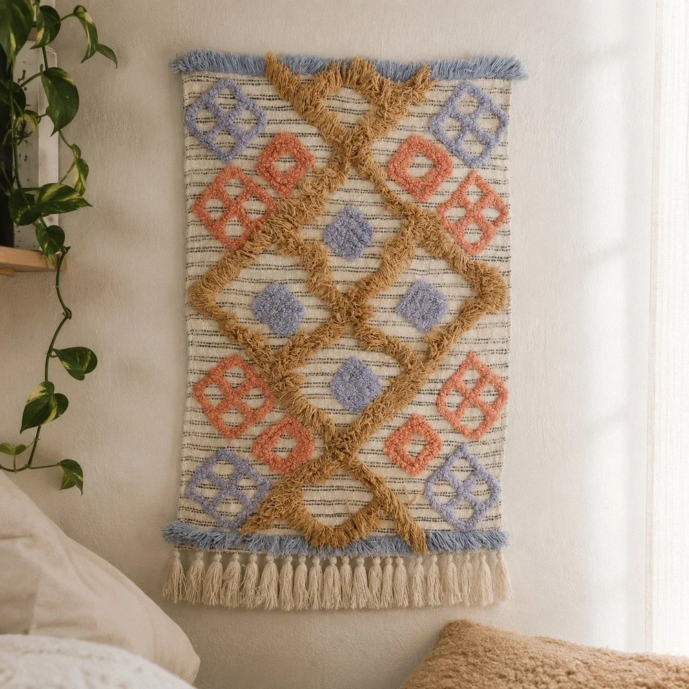 Urban Outfitters Tapestry Cream Multi Tufted Geometric Tassel Boho Aesthetic
